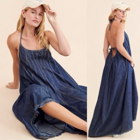 Free People Denim Dreams Midi Maxi Dress in 70s Blue Size Medium Jean Jumper - Picture 6 of 14